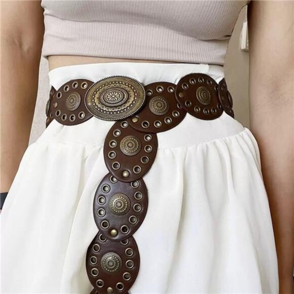 Punk Boho Conch Design PU Leather Belt – Adjustable 47" for 28"-38" Waist - Picture 2 of 7